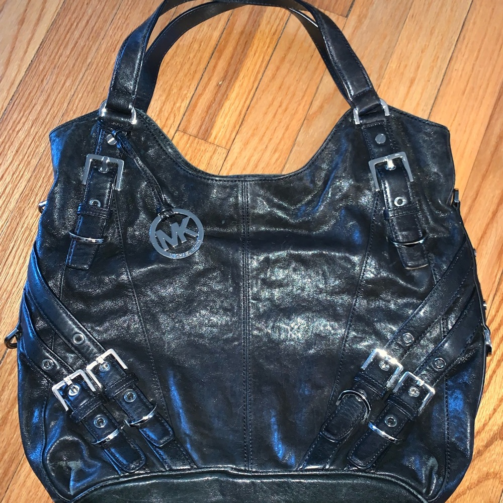 MICHAEL Michael Kors Black Leather Bag with Buckle Features